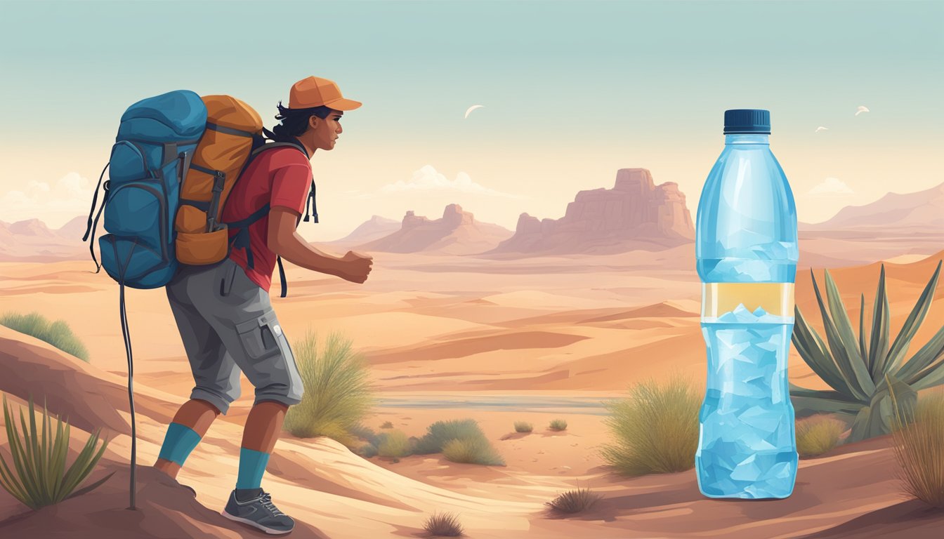 A person hiking in the desert, choosing between flavored water and sports drinks