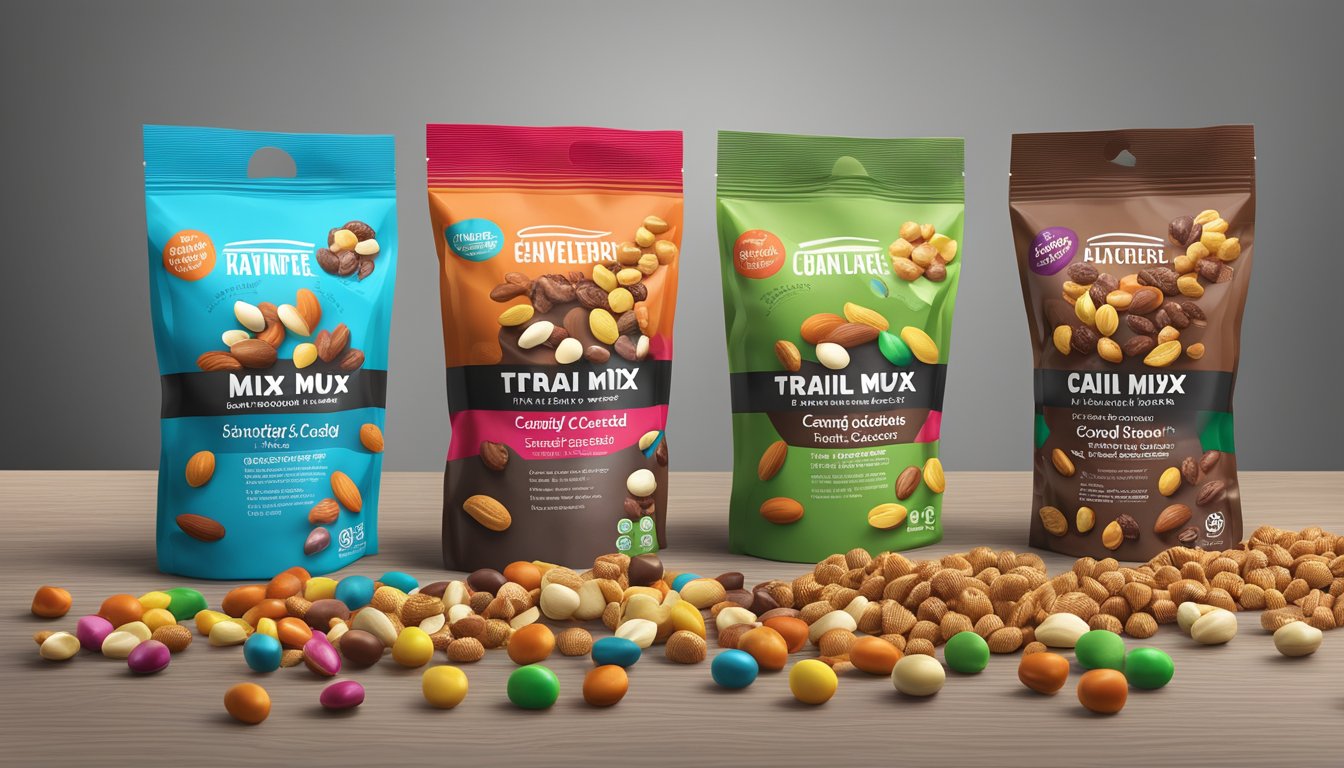 A comparison of packaged trail mix and candy-coated nuts, with both products displayed in colorful, branded packaging