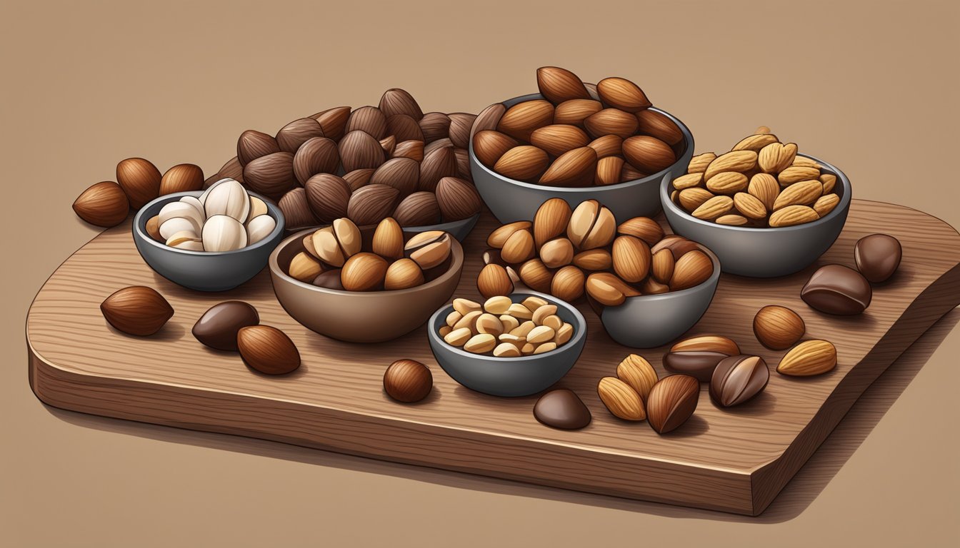 A variety of nuts arranged on a wooden cutting board, with a pile of chocolate-covered nuts on one side and a bowl of flavored nuts on the other