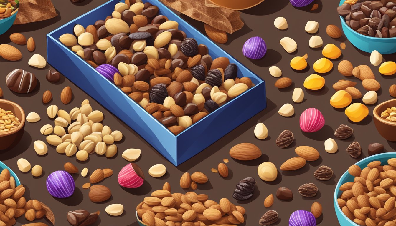 A pile of packaged trail mix and candy-coated nuts sits on a wooden table, surrounded by scattered ingredients like nuts, dried fruit, and chocolate