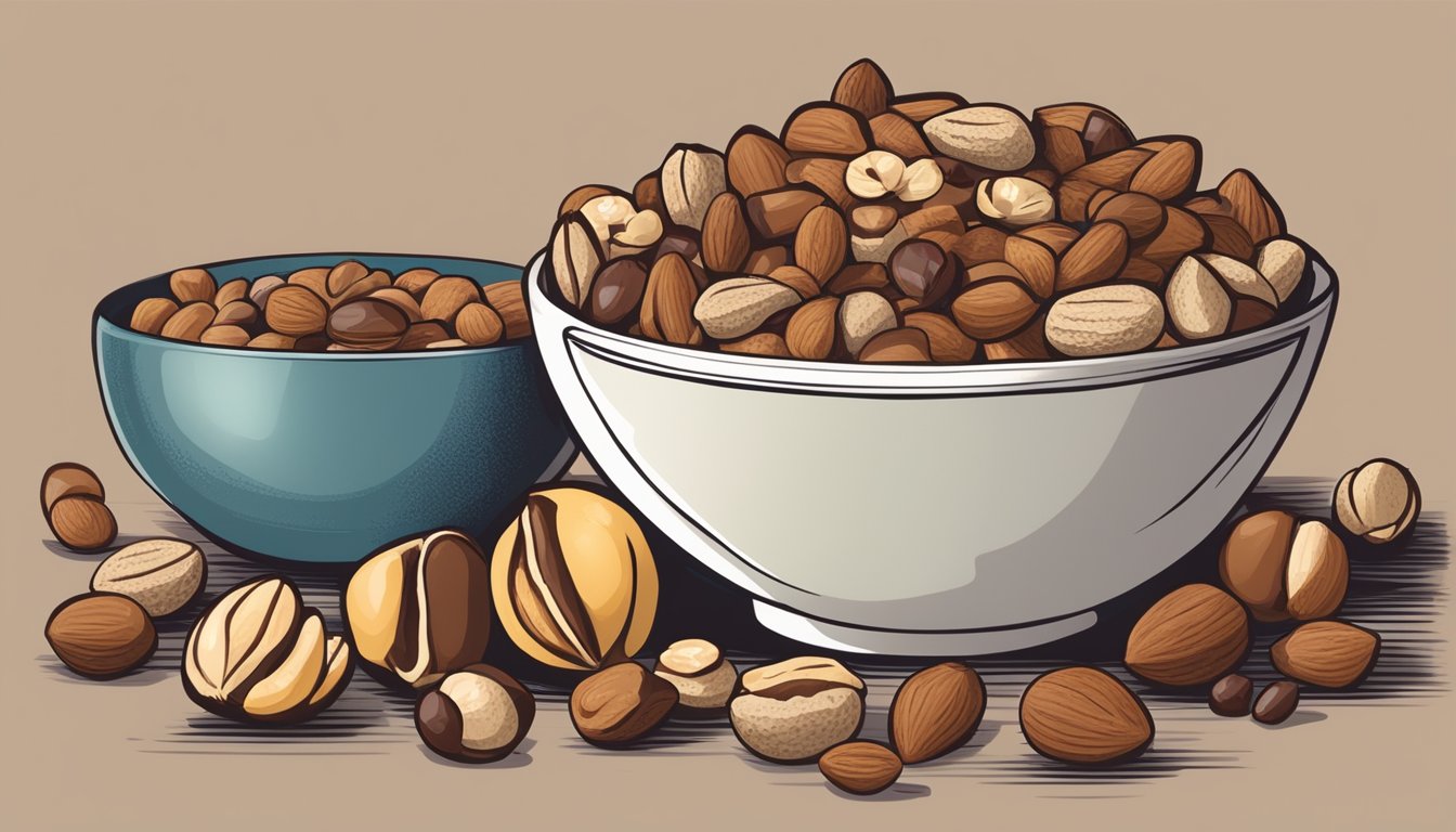 A bowl of assorted nuts, some plain and some chocolate-covered, with a sign comparing their health benefits