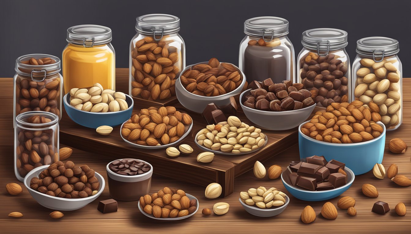 A variety of nuts and chocolate displayed on a wooden table, surrounded by jars of different flavors and enhancements