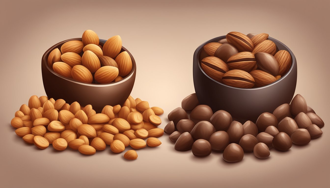 A pile of assorted nuts with vibrant flavors vs. a pile of nuts coated in rich chocolate, both arranged side by side for comparison