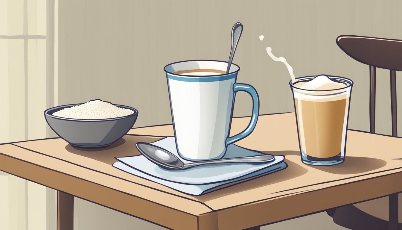 A table with a mug, a spoon, and a bowl of non-dairy creamer next to a box of powdered milk