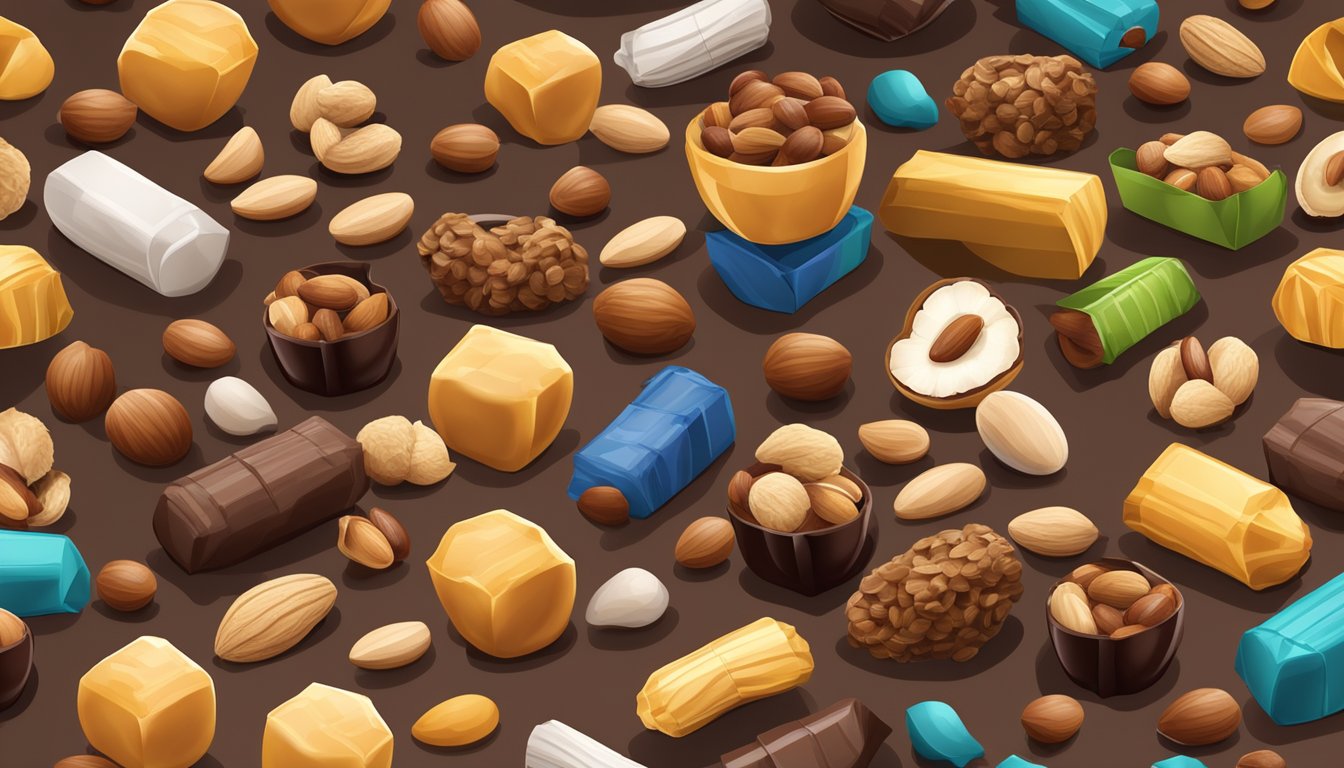 A table scattered with various nuts in colorful packaging, some plain, some coated in chocolate, with a debate-like atmosphere