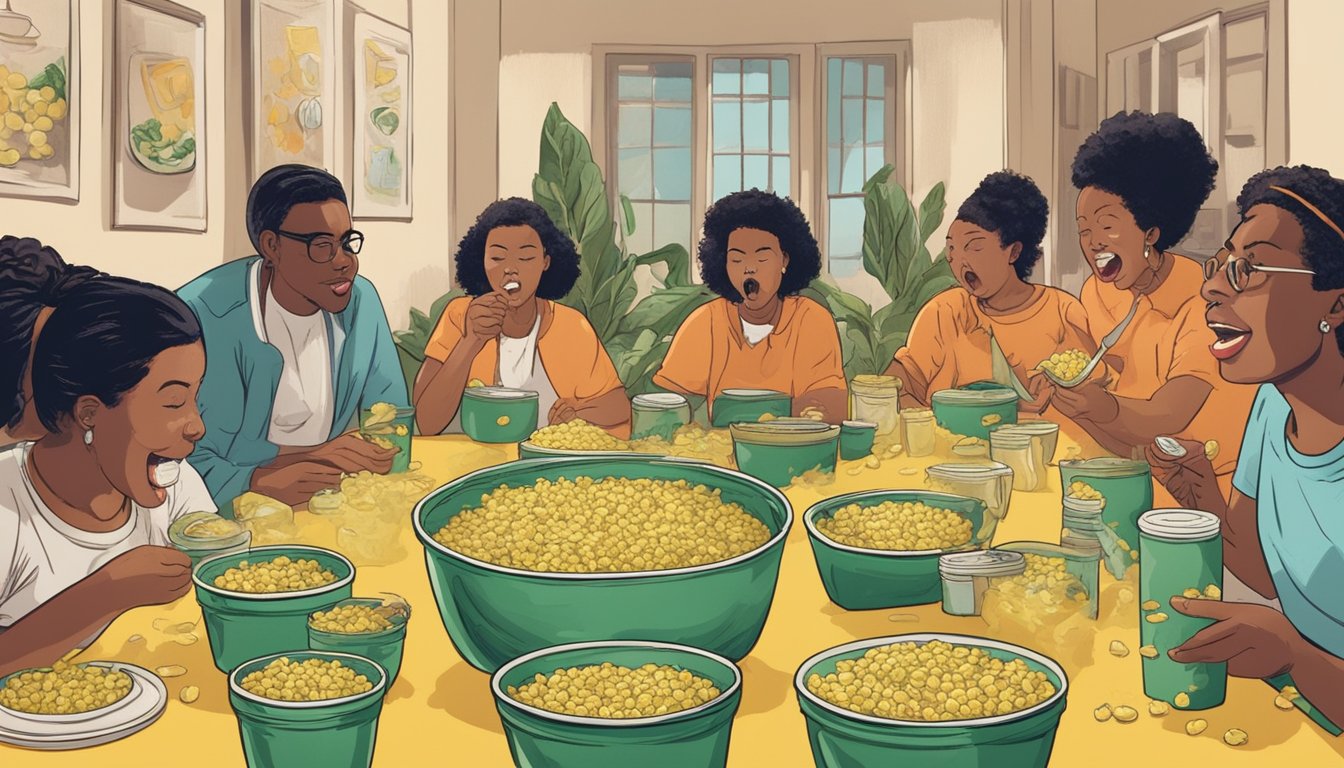 A table set with open cans of spinach and creamed corn, surrounded by a group of people making disgusted faces while tasting each