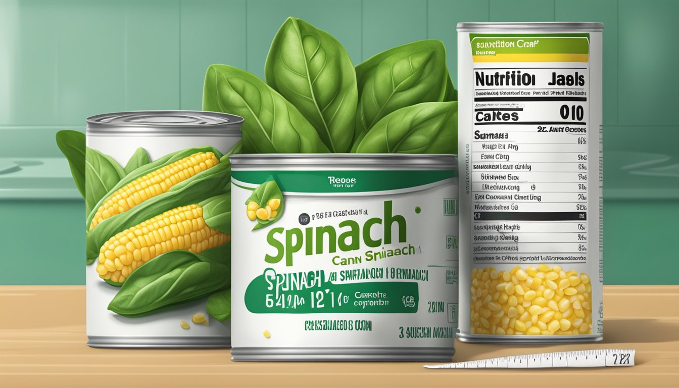 A can of spinach and a can of creamed corn sitting side by side on a kitchen counter, with a measuring tape and nutrition labels next to them