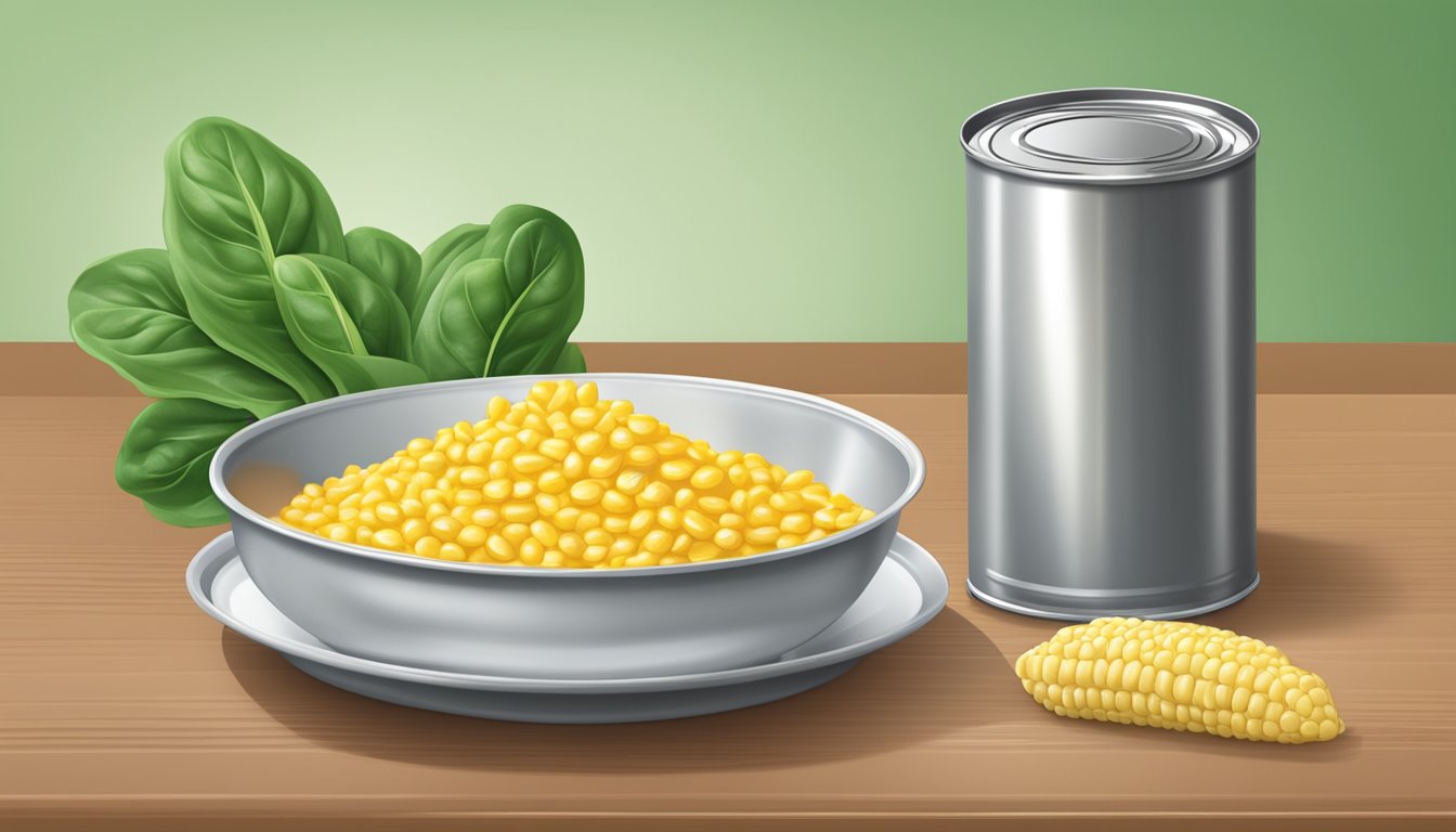 A can of spinach and a can of creamed corn on a table