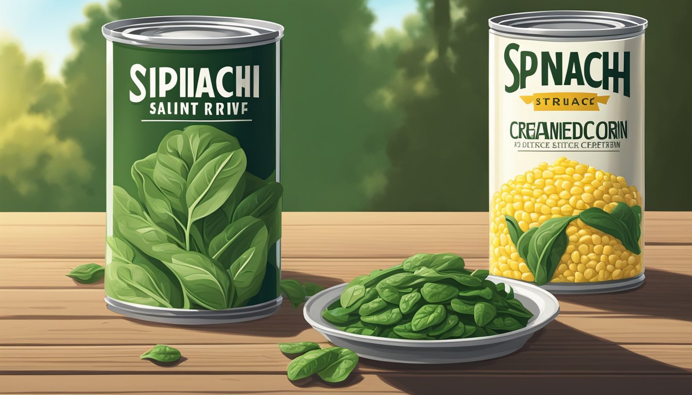 A can of spinach and a can of creamed corn sit side by side on a rustic wooden table, casting long shadows in the late afternoon sun