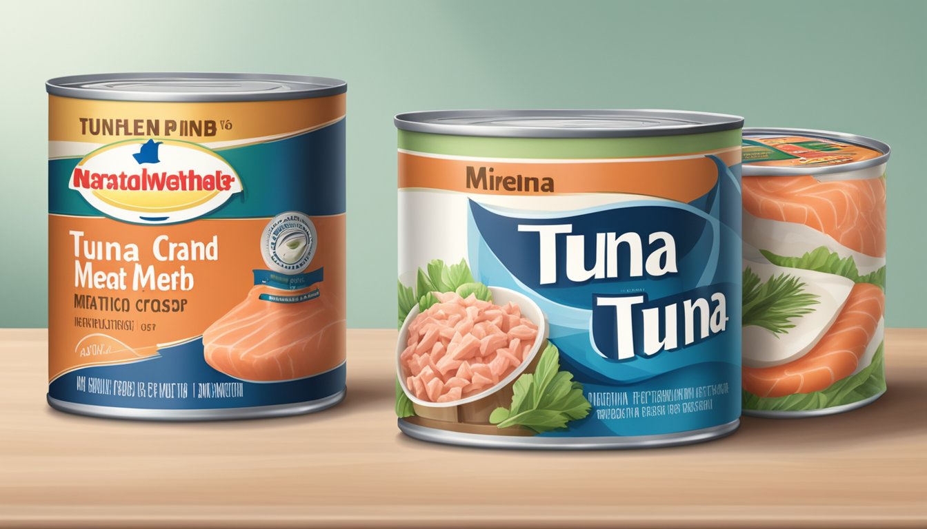 A can of tuna and a package of imitation crab meat sit side by side on a kitchen counter