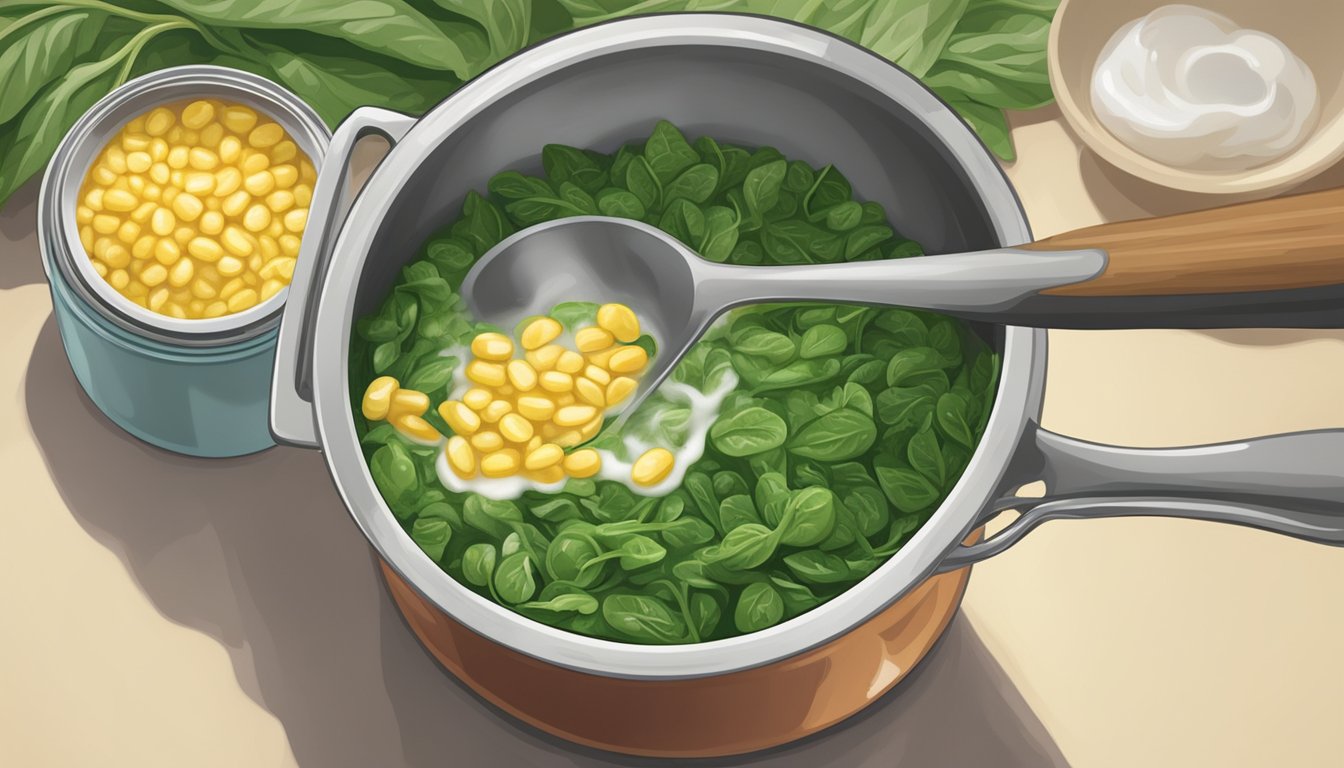 A can opener opening a can of spinach next to a pot of boiling creamed corn