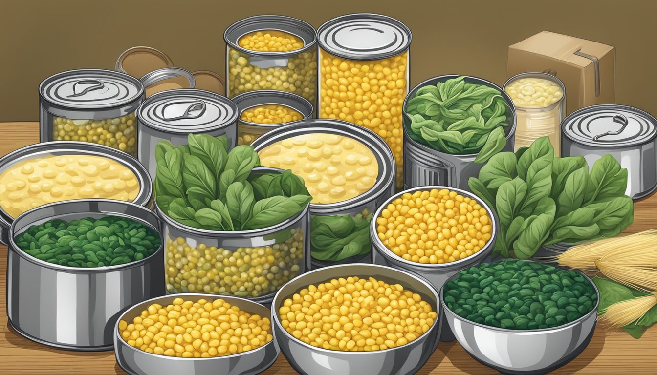 A table set with a variety of canned foods, including spinach and creamed corn, with a question mark above them