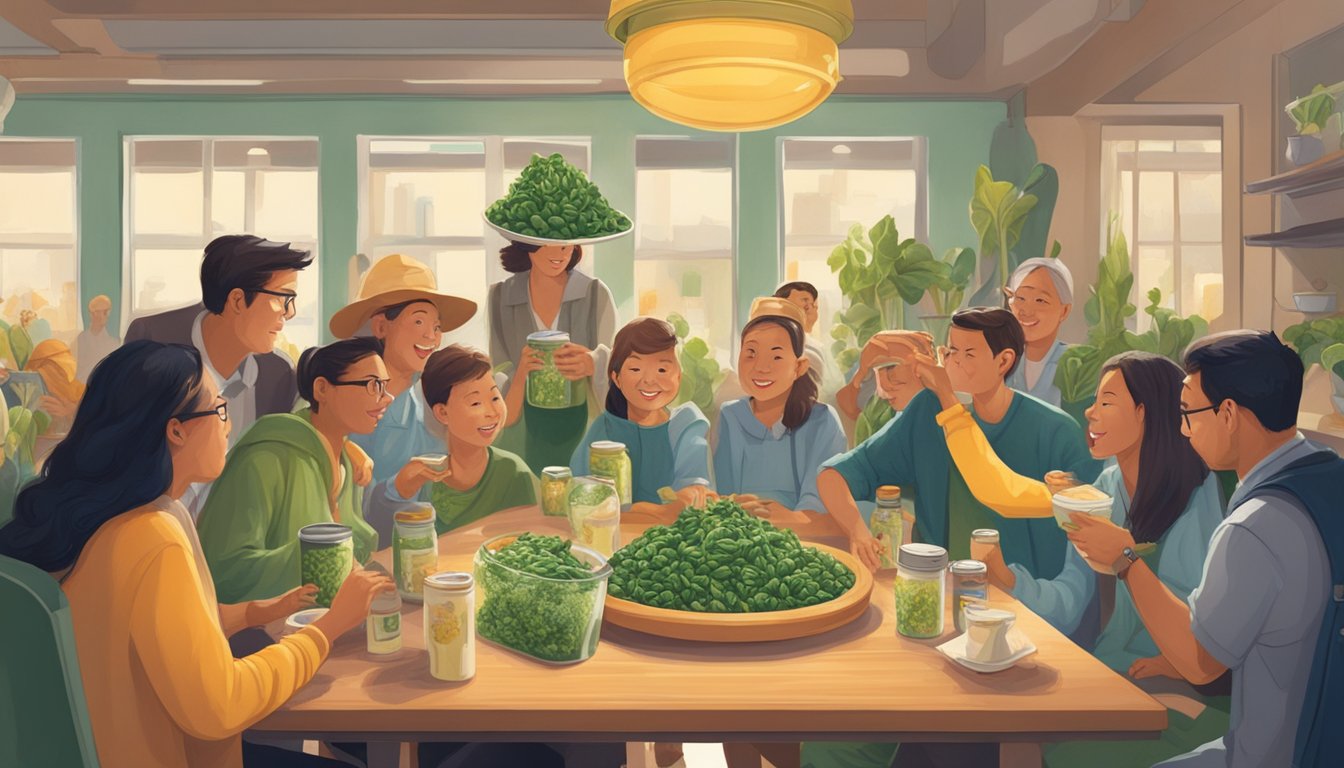 A table with a can of spinach and a can of creamed corn, surrounded by curious onlookers