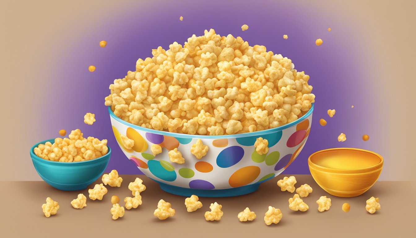 A colorful array of flavored popcorn and cheese puffs arranged in a decorative bowl