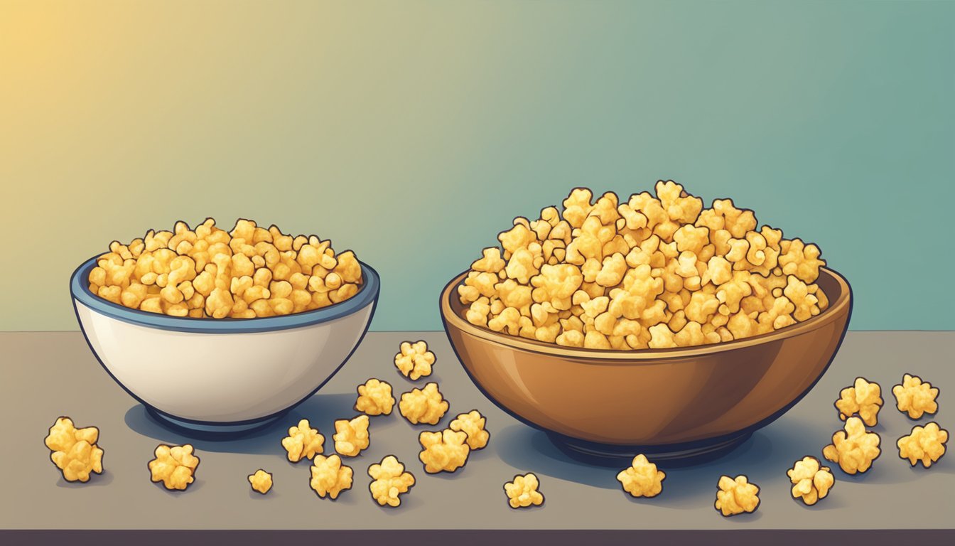 A bowl of cheese puffs and flavored popcorn side by side on a table