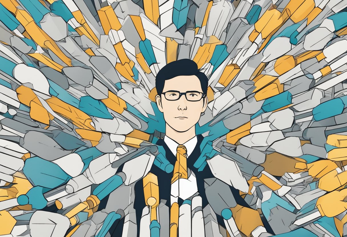 Digital artwork of a man would appears to be surrounded by many microphones