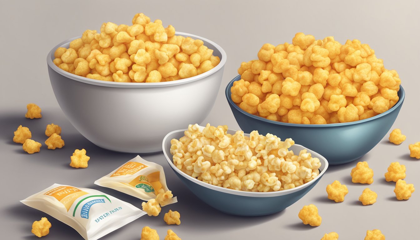 A table with a bowl of flavored popcorn and a bowl of cheese puffs, surrounded by empty snack bags