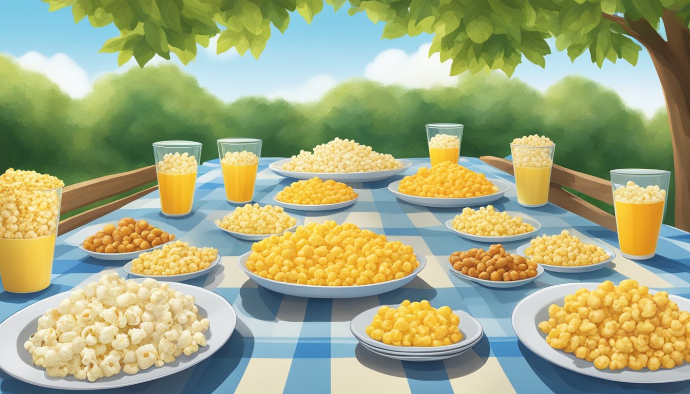 A picnic table with a variety of flavored popcorn and cheese puffs arranged on separate plates, surrounded by lush greenery and a clear blue sky