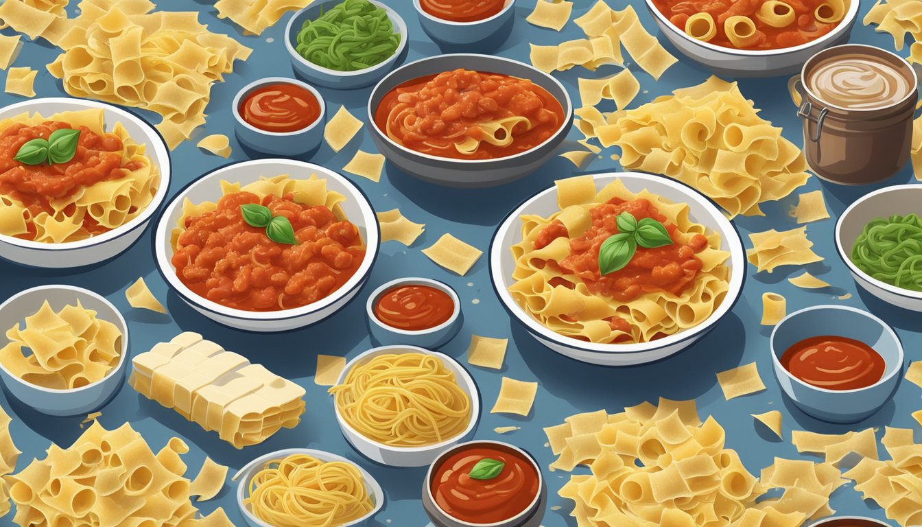 A table with open cans of ravioli and boxes of pasta meals, surrounded by scattered pasta shapes and tomato sauce splatters