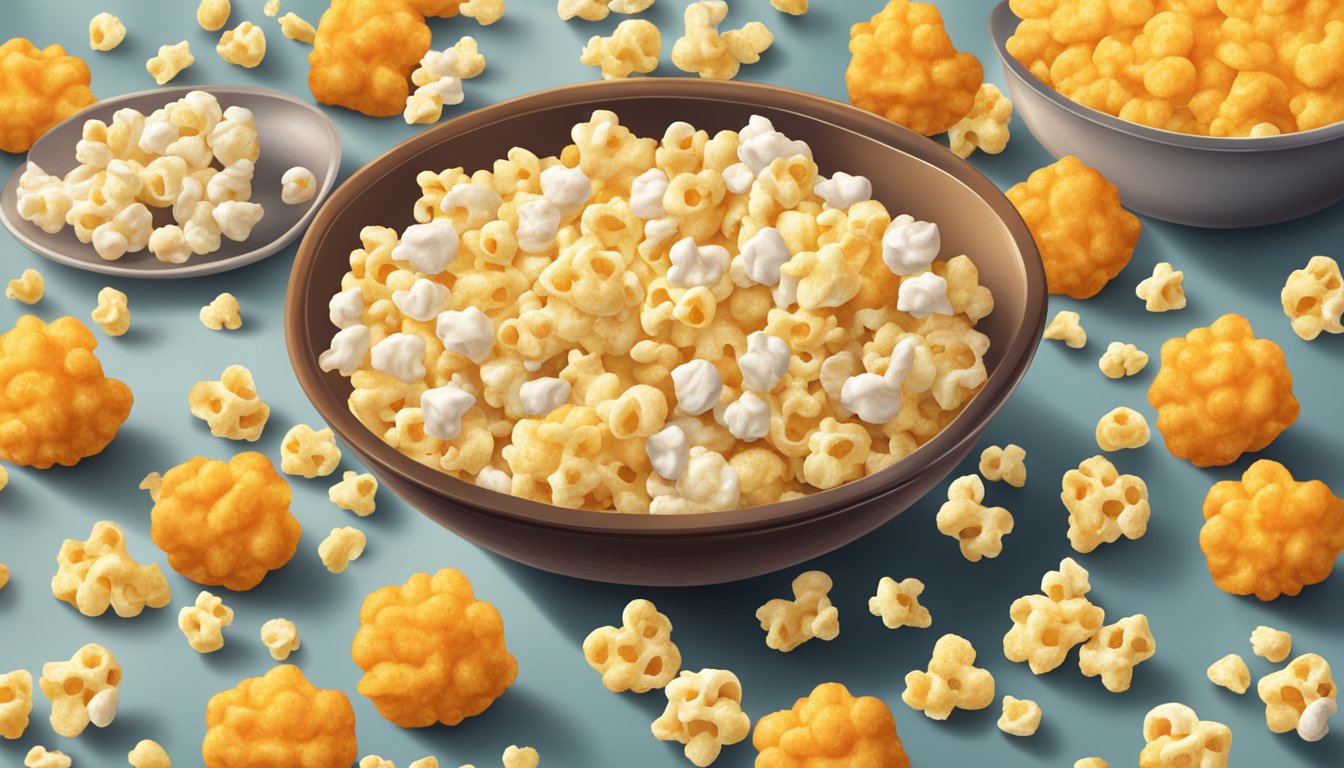 A bowl of flavored popcorn and cheese puffs on a table