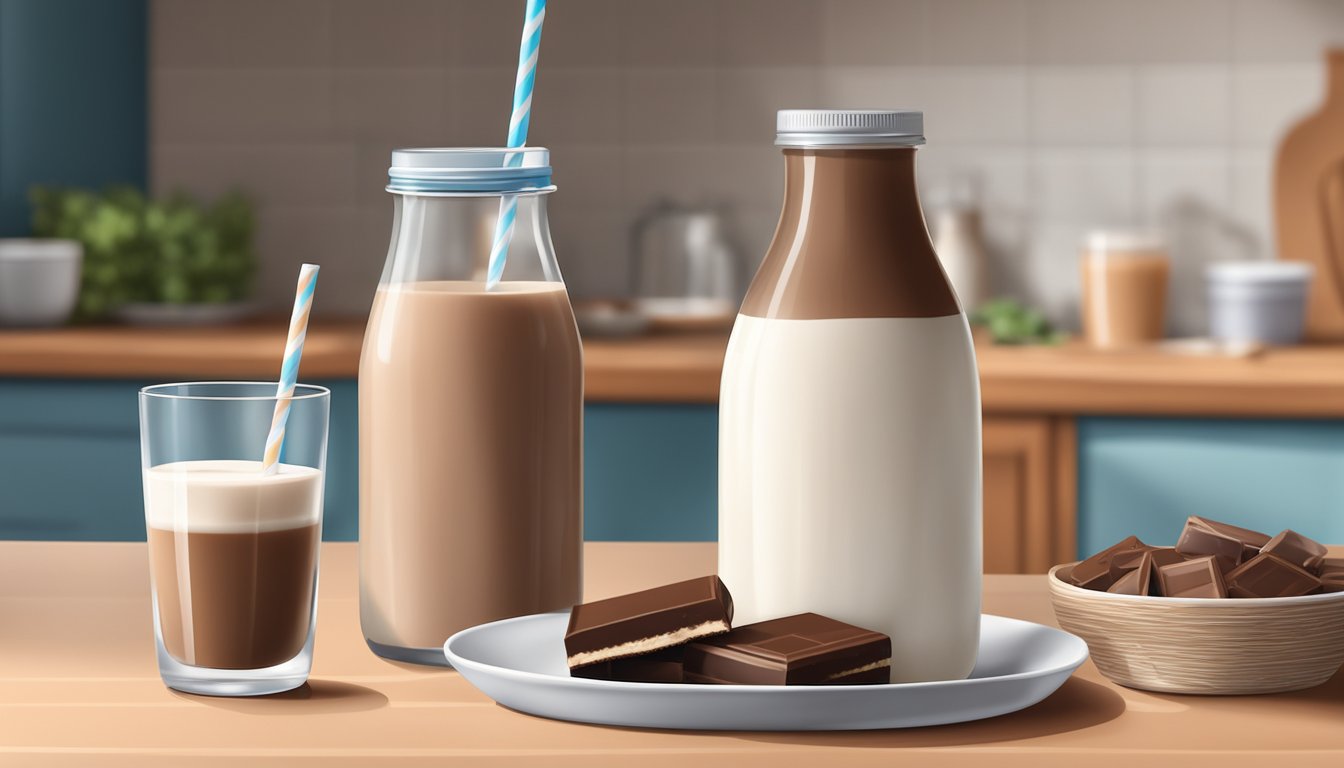 A glass of chocolate milk sits next to a bottle of flavored yogurt drink on a kitchen table