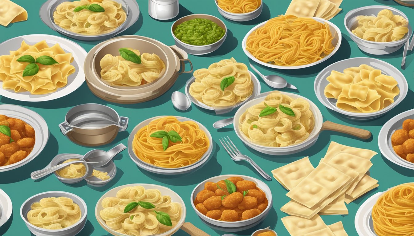 A table with open cans of ravioli and boxes of pasta meals, surrounded by empty plates and utensils