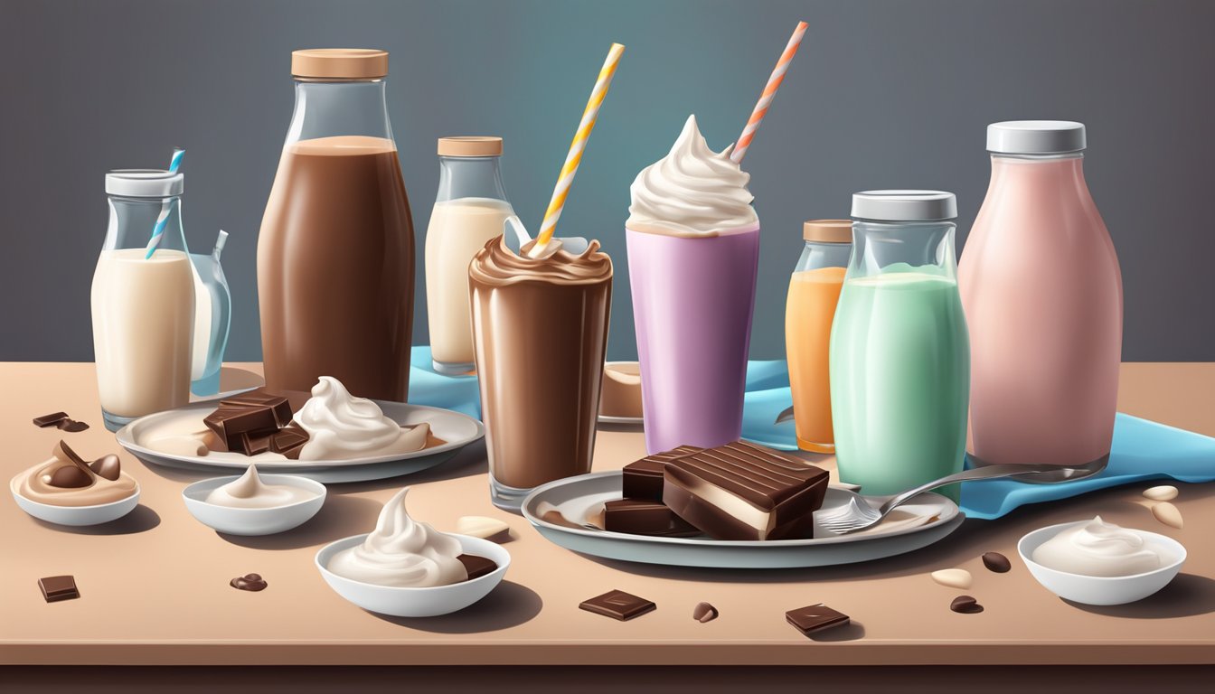 A table with spilled flavored yogurt drinks and chocolate milk, surrounded by empty bottles and cups