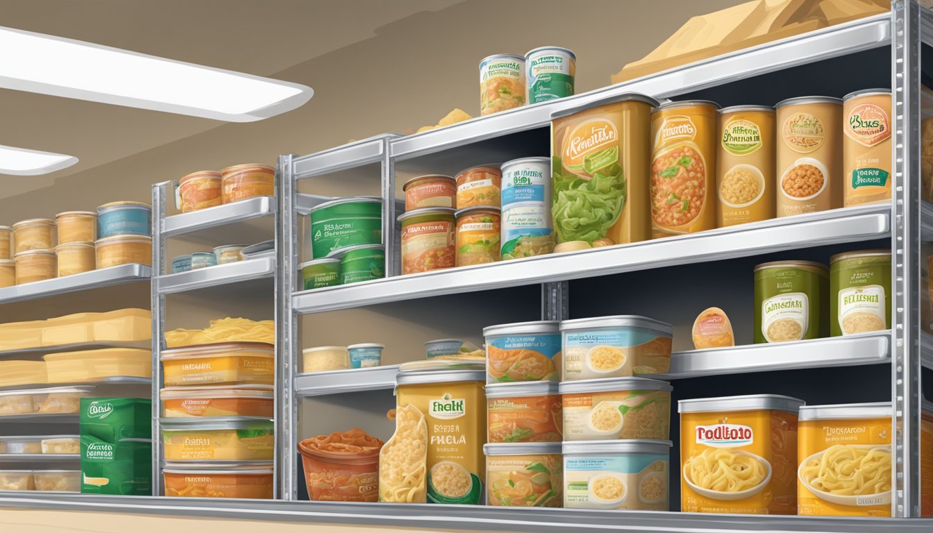 A shelf with a can of ravioli and a box of pasta meals, both with their respective packaging and labels clearly visible