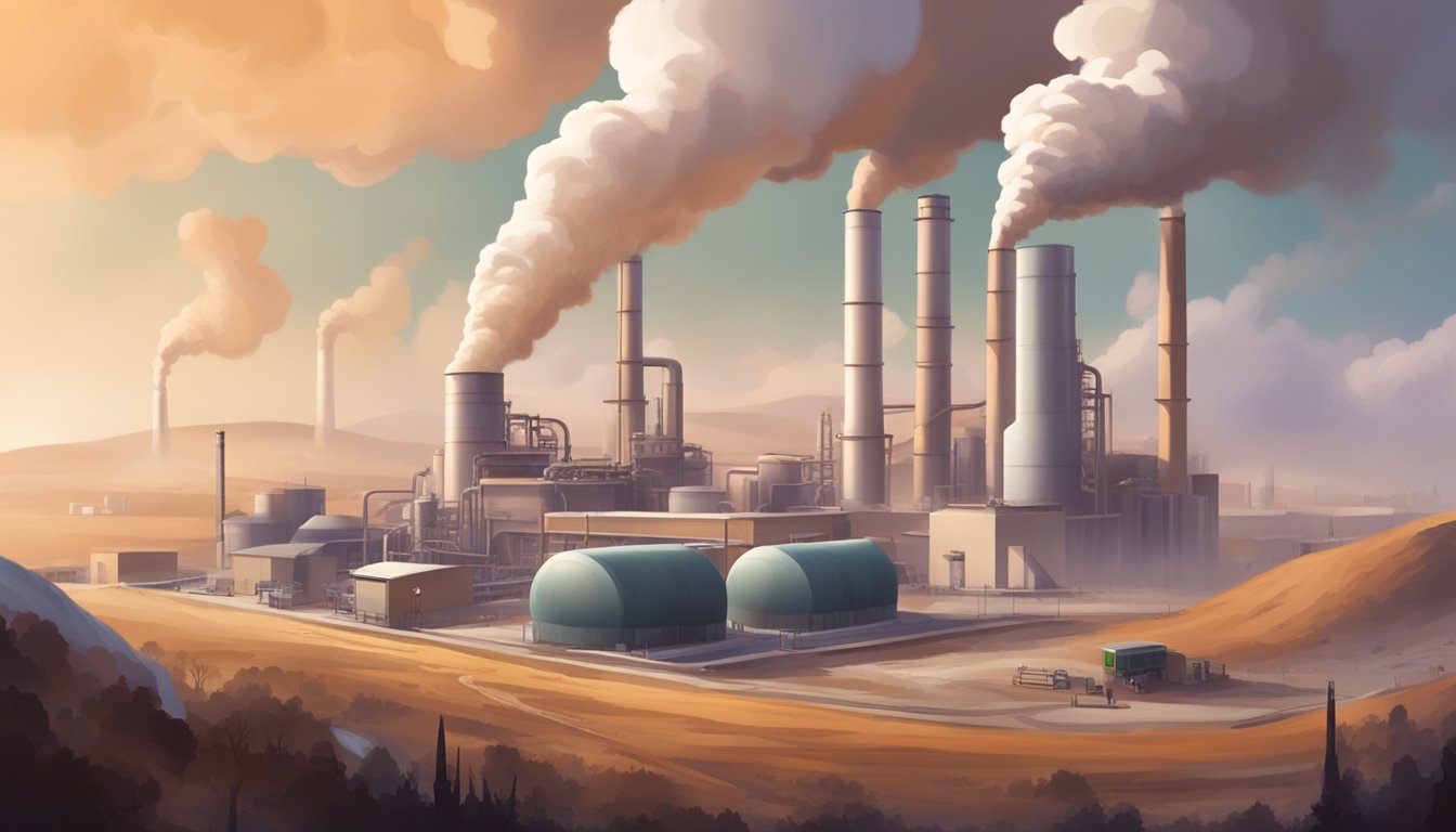 A factory emitting smoke while producing flavored yogurt drinks and chocolate milk, surrounded by polluted air and a barren landscape