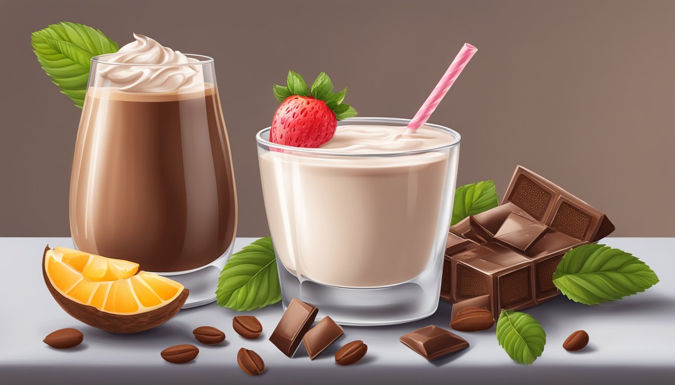 A table with a glass of flavored yogurt drink and a glass of chocolate milk, surrounded by various fruits and cocoa beans