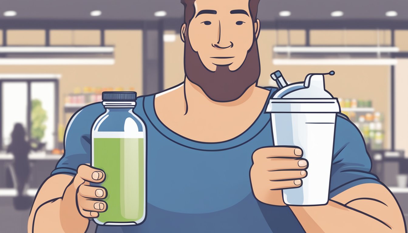 A person holding a protein shake and a meal replacement bar, with a scale in the background, symbolizing the comparison between convenience and accessibility