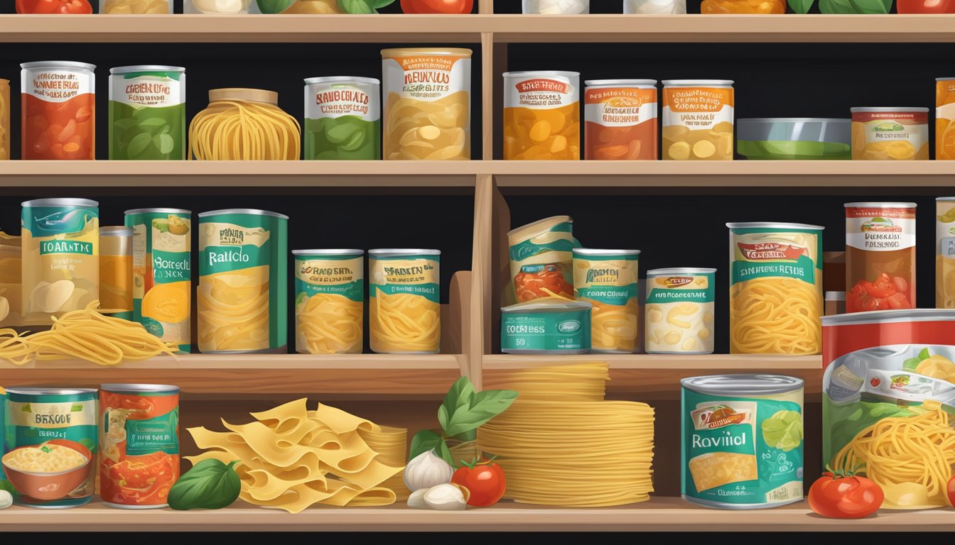 A cluttered pantry shelf with a can of ravioli and a box of pasta meals, surrounded by scattered pasta shapes and tomato sauce cans