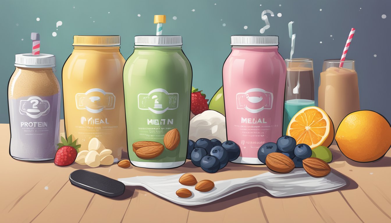 A protein shake and meal replacement bar sit on a table, surrounded by scattered ingredients like fruits and nuts. A question mark hovers above them