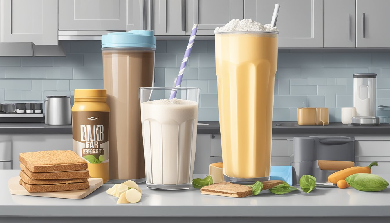 A protein shake and a meal replacement bar sit on a kitchen counter, surrounded by various food items