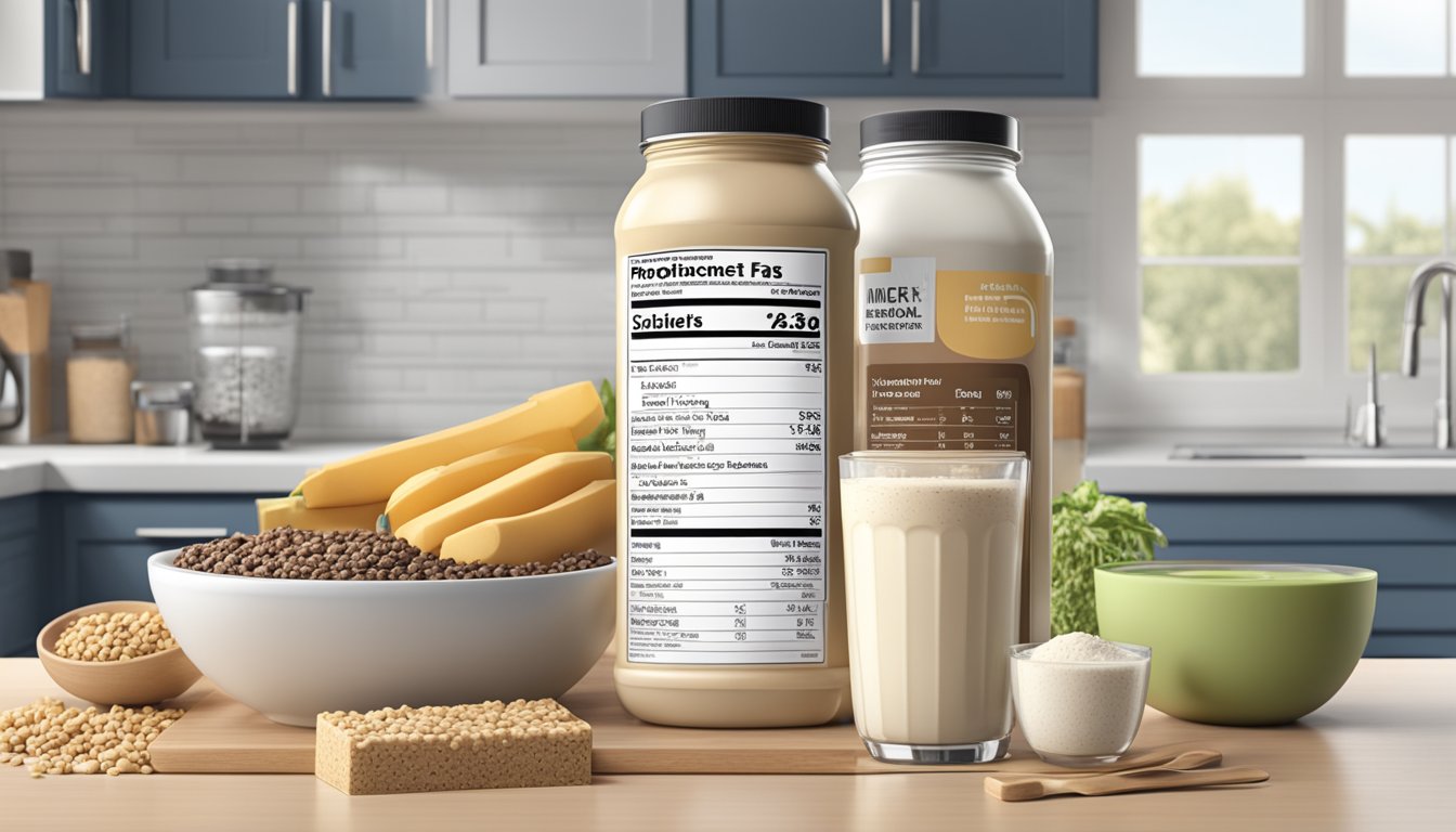 A protein shake and meal replacement bar sit side by side on a clean, modern kitchen countertop, surrounded by scattered ingredient labels and nutrition facts