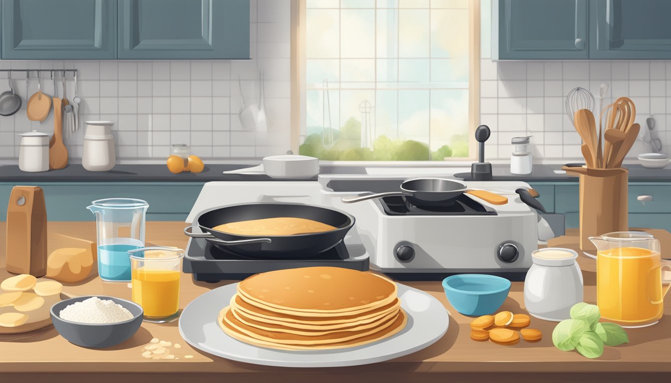 A kitchen counter with a mixing bowl, measuring cups, and a whisk next to a griddle and a toaster. Ingredients for pancakes and waffles are scattered around