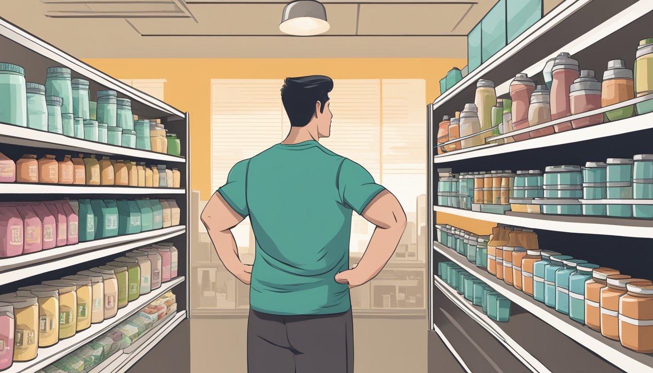 A person standing in front of a shelf filled with protein shakes and meal replacement bars, with a scale depicting environmental impact and ethical considerations hovering above