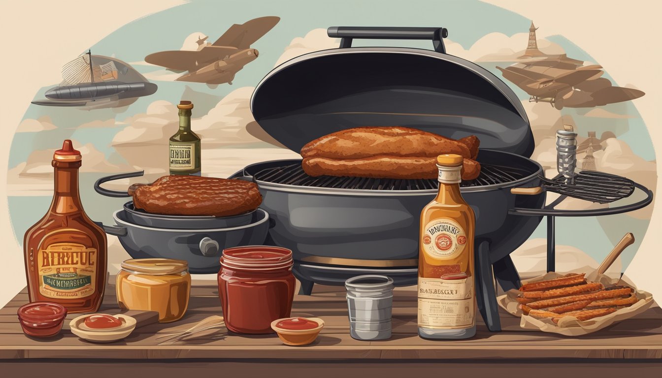 A vintage barbecue grill surrounded by various historical artifacts and cultural symbols, with a bottle of barbecue sauce and ketchup placed side by side