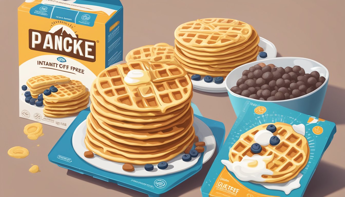 A stack of instant pancake mix boxes next to a pile of frozen waffles, with various dietary restriction symbols (gluten-free, dairy-free, etc.) displayed prominently on the packaging