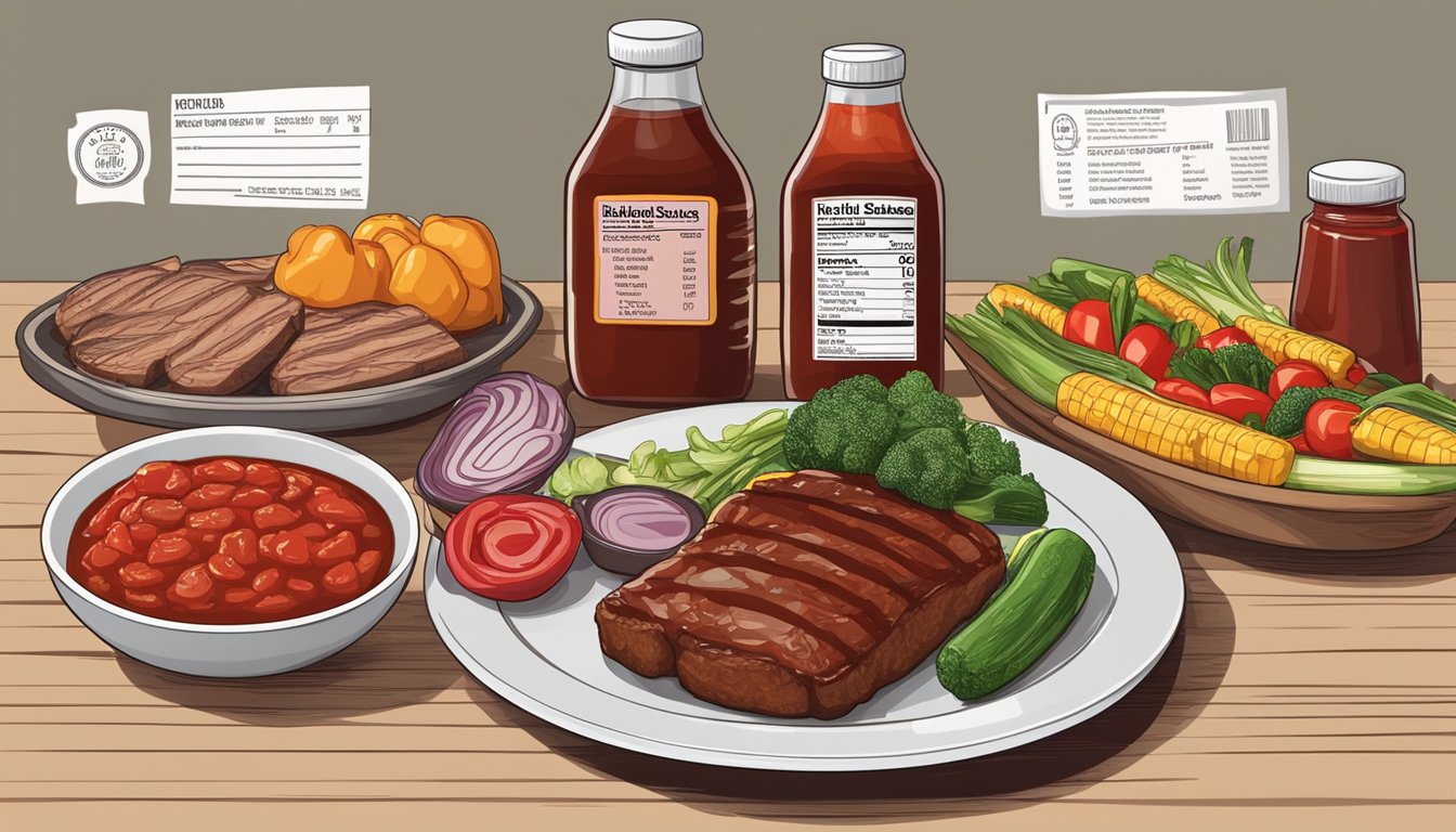 A table with a bottle of barbecue sauce and a bottle of ketchup next to a plate of grilled meat and vegetables, with nutrition labels displayed