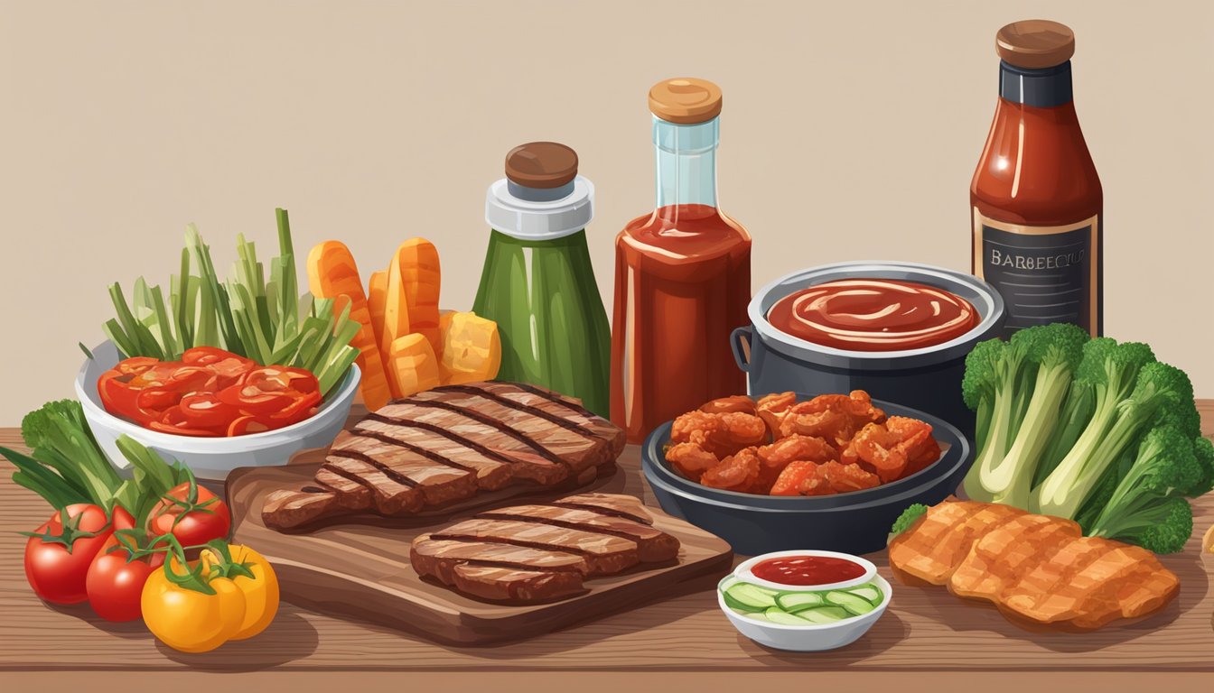 A table with two open bottles of barbecue sauce and ketchup, surrounded by various grilled meats and vegetables