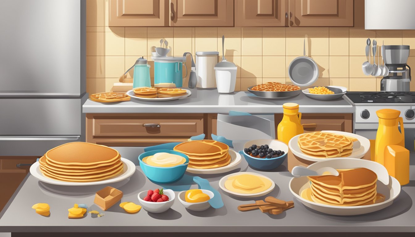 A kitchen counter with open boxes of pancake and waffle mix, surrounded by various toppings and utensils