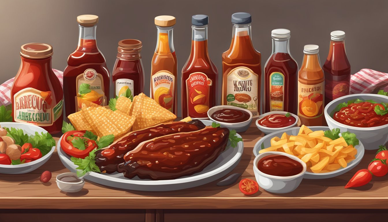 A table with various bottles of barbecue sauce and ketchup, surrounded by different regional foods and ingredients