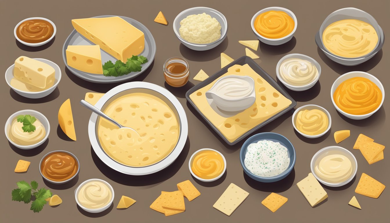 A comparison of powdered cheese sauce and jarred cheese dip in separate bowls, surrounded by various types of cheese and cheese-related condiments