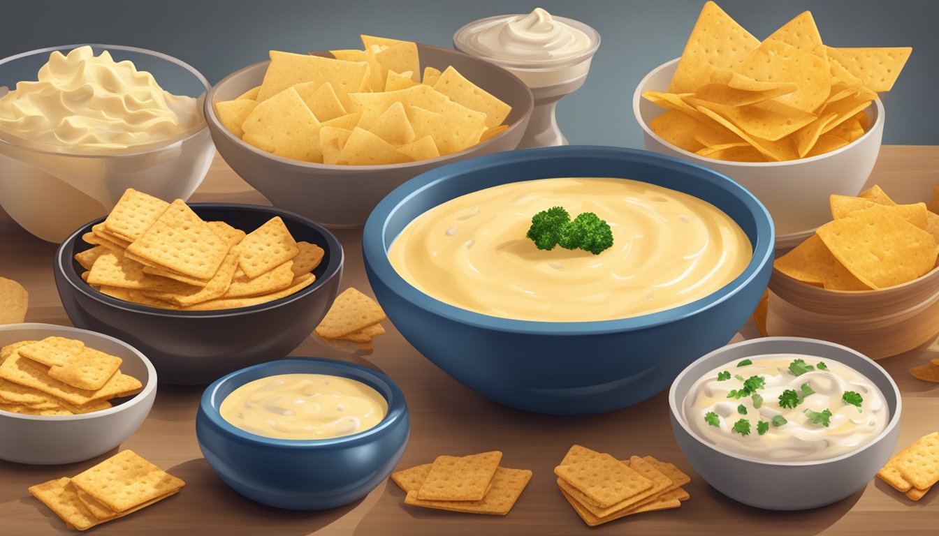 A table with two bowls, one filled with powdered cheese sauce and the other with jarred cheese dip, surrounded by various types of chips and crackers