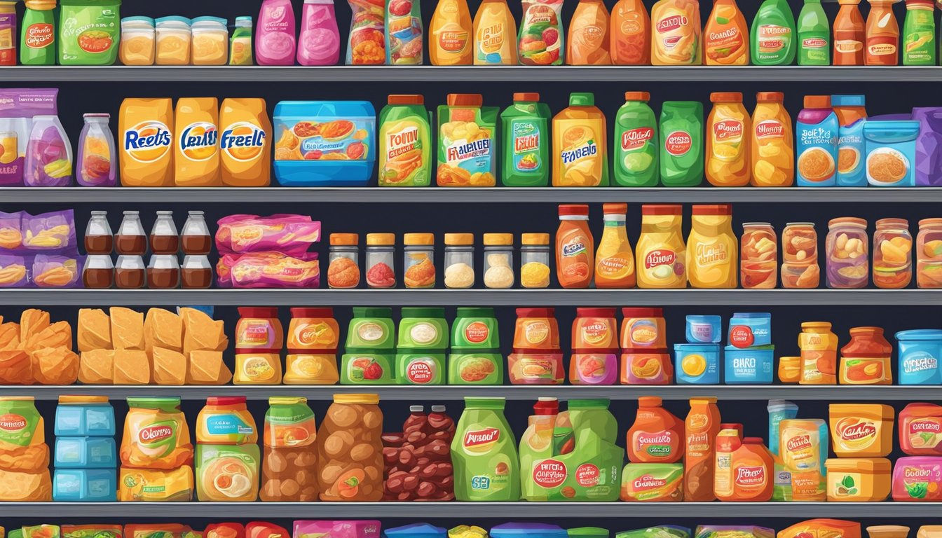 A colorful array of processed foods, some with vibrant artificial coloring and others with preservatives, displayed on a supermarket shelf