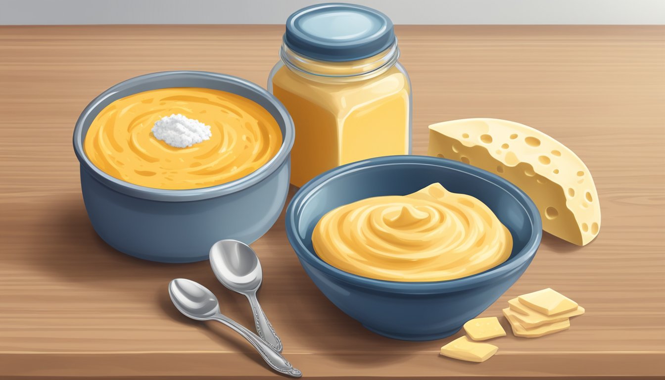 A bowl of powdered cheese next to a jar of cheese dip, with a spoonful of each on a table