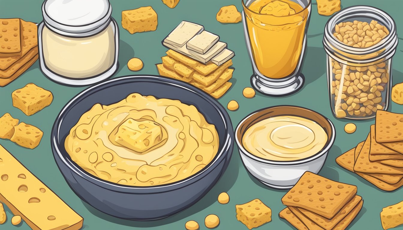 A bowl of powdered cheese spills next to a jar of cheese dip, both surrounded by various snack foods