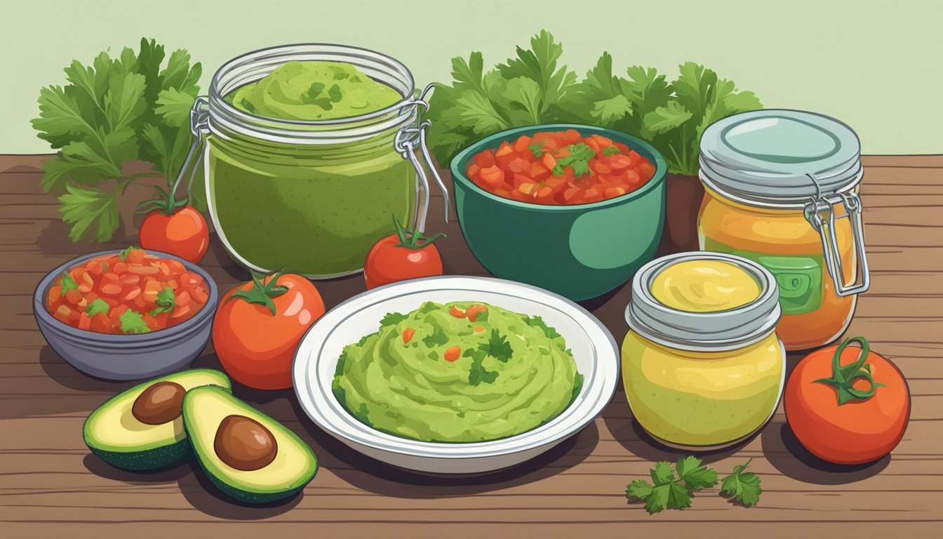 A table with fresh avocados, tomatoes, onions, and cilantro. A bowl of homemade guacamole next to a jar of store-bought salsa