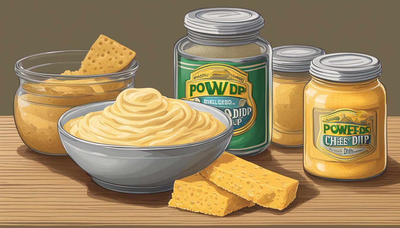 A bowl of powdered cheese next to a jar of cheese dip, with a chip dipping into each